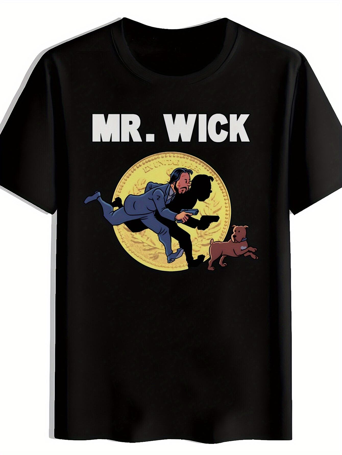 Black T-shirt with MR. WICK Graphic - Cartoon-Style Character in Blue Suit L