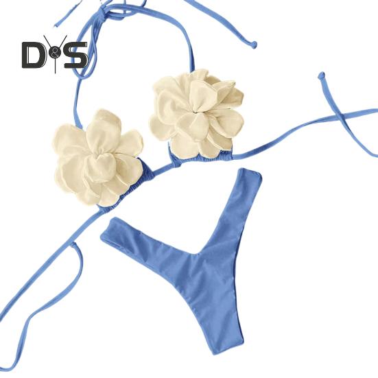 2Pcs/Set Summer Bikini Set Adjustable Drawstring Lace-Up Halter Neck 3D Flower Bra Low-rise Swimming Briefs Set Swimwear