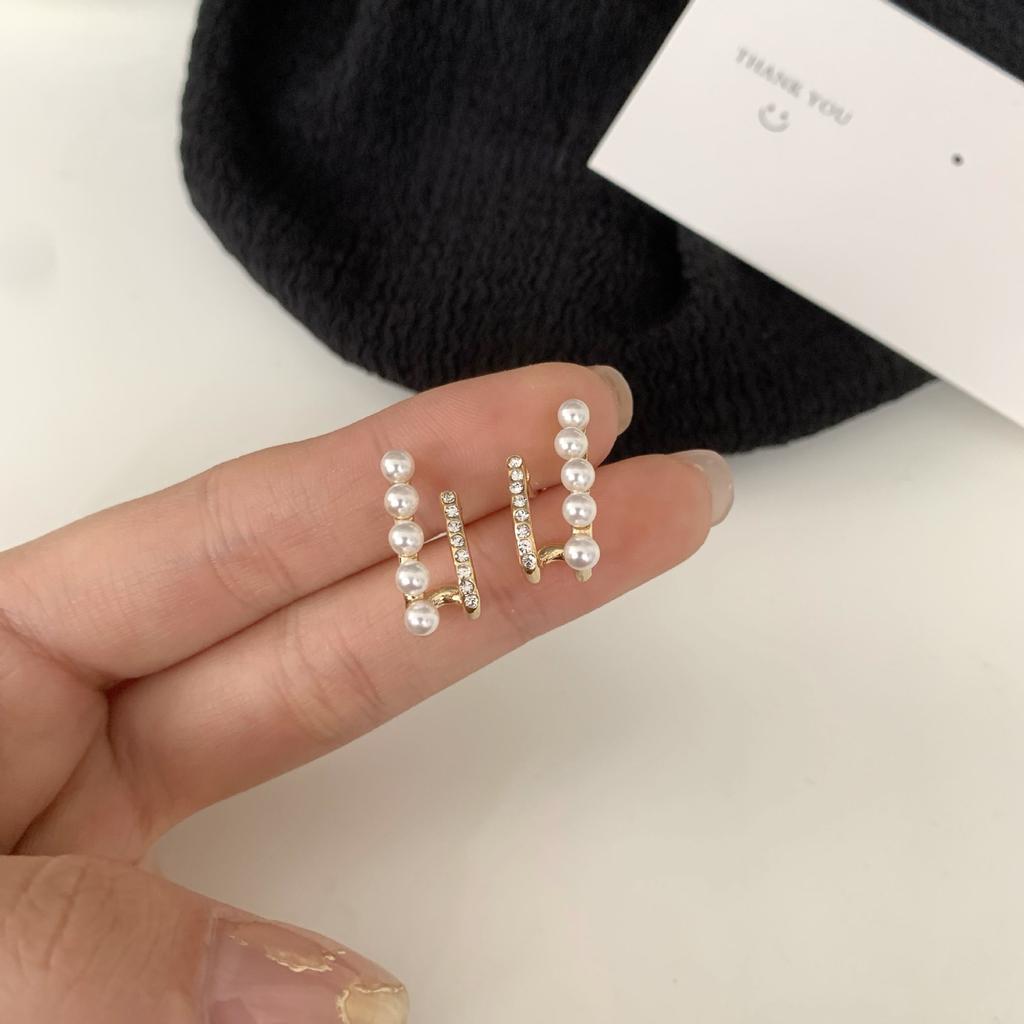 925 Silver Needle Temperament High-end Full Diamond Pearl Earrings Women's ins Wind Geometric Earrings Korean Light Luxury Earrings