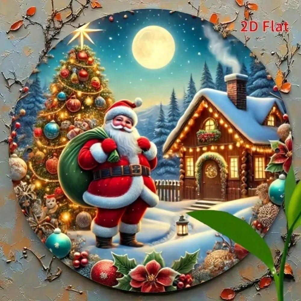 Christmas Round Metal Tin Plaque Santa Wreath Design for Front Door Wall Hanging Decor
