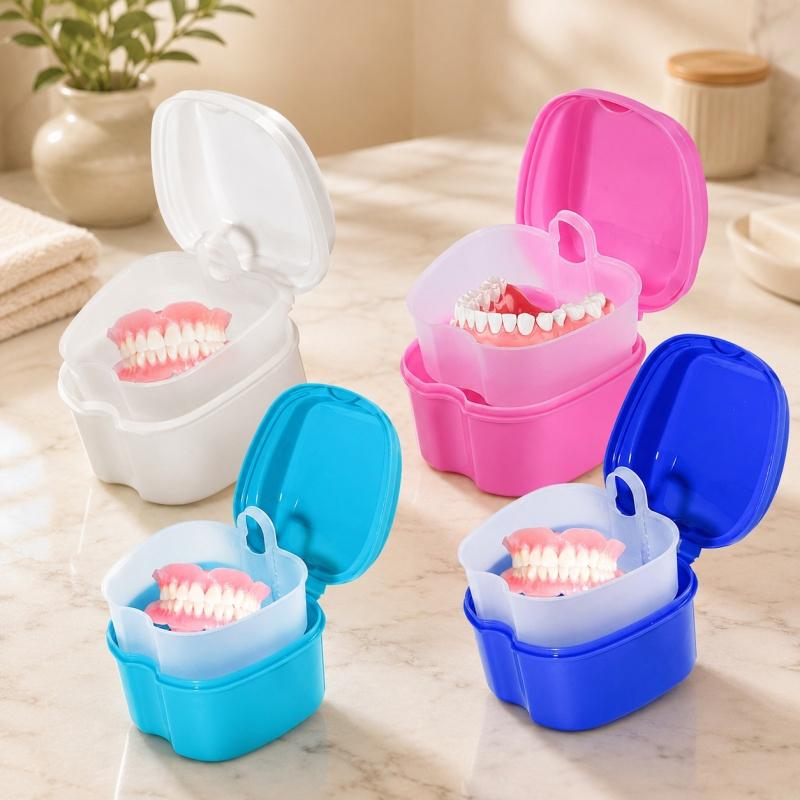 Travel Double Layer Denture Storage Box With Cleaning Brush Oral Care Container Non Slip Handle Denture Toothbrush