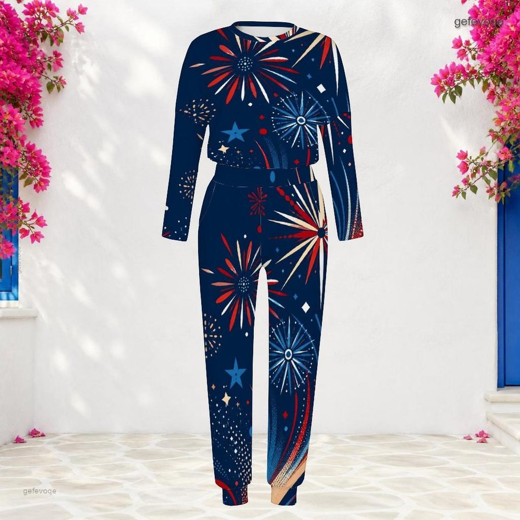 Women Plus Size Round Neck Long Sleeve Navy Printed Two Piece Set Cuffed Top Cuffed Pants With Pockets