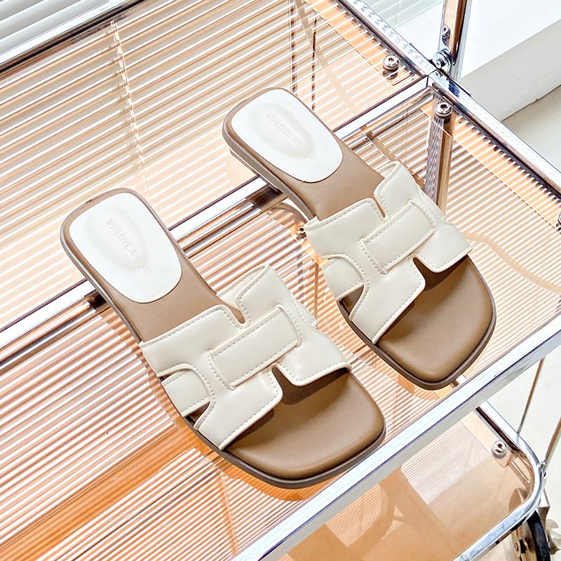 CRLAYDK Womens Flat Sandals Dressy Comfortable Slide Weaving Leather Square Low Heel Beach Travel Slippers for Summer