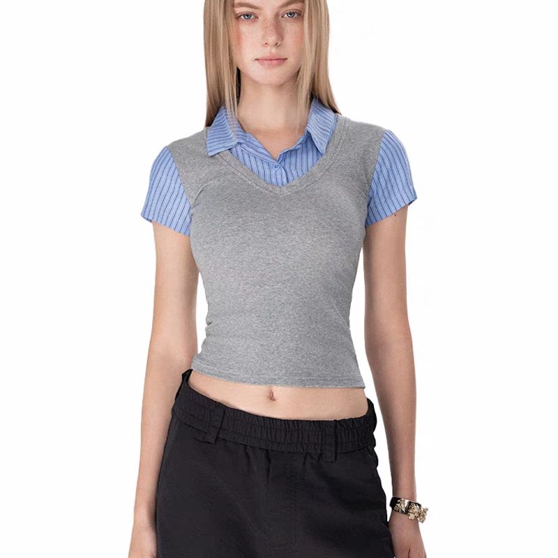 Zbzr Spring New Women Clothes Western Style American Vintage Fake Two Pieces Shirts Patchwork Short Sleeve Leisure Top