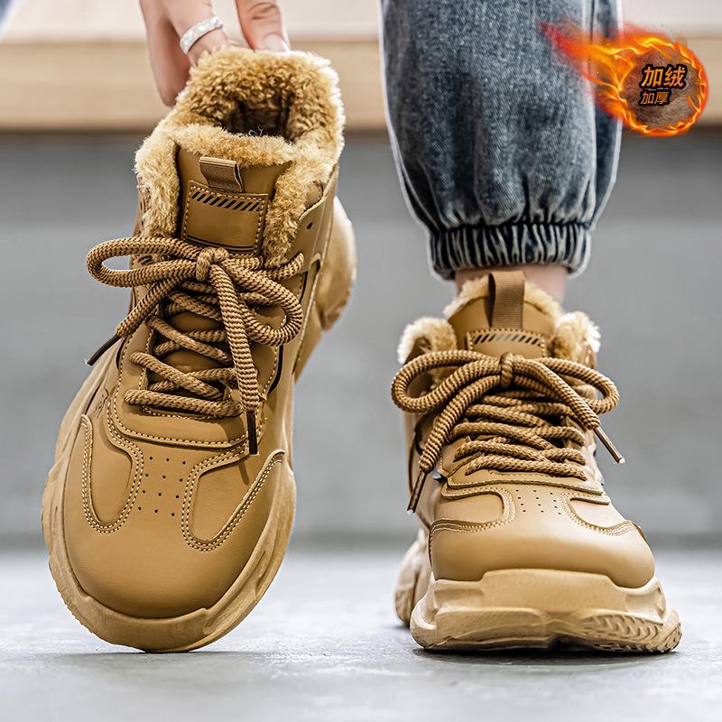 High-top shoes winter velvet warm cotton shoes casual sports leather surface waterproof non-slip heightening dad shoes