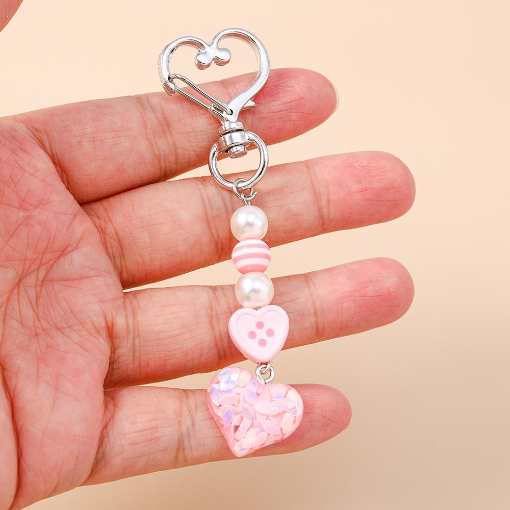 Cute Love Heart Keychain Women Girls Beaded Key Ring Pendant for Handbag Decor DIY Key Chain Jewelry Gift