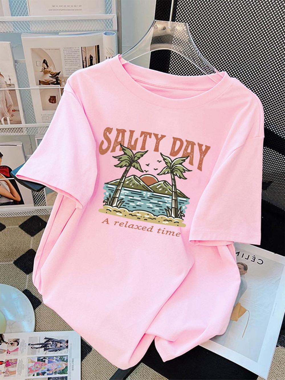 

100 Cotton Womens TShirts Summer Salty Day A Relax Time Coconut Tree Beach Prints T Shirt Soft Loose ONeck Tops Basic Clothes 4XL