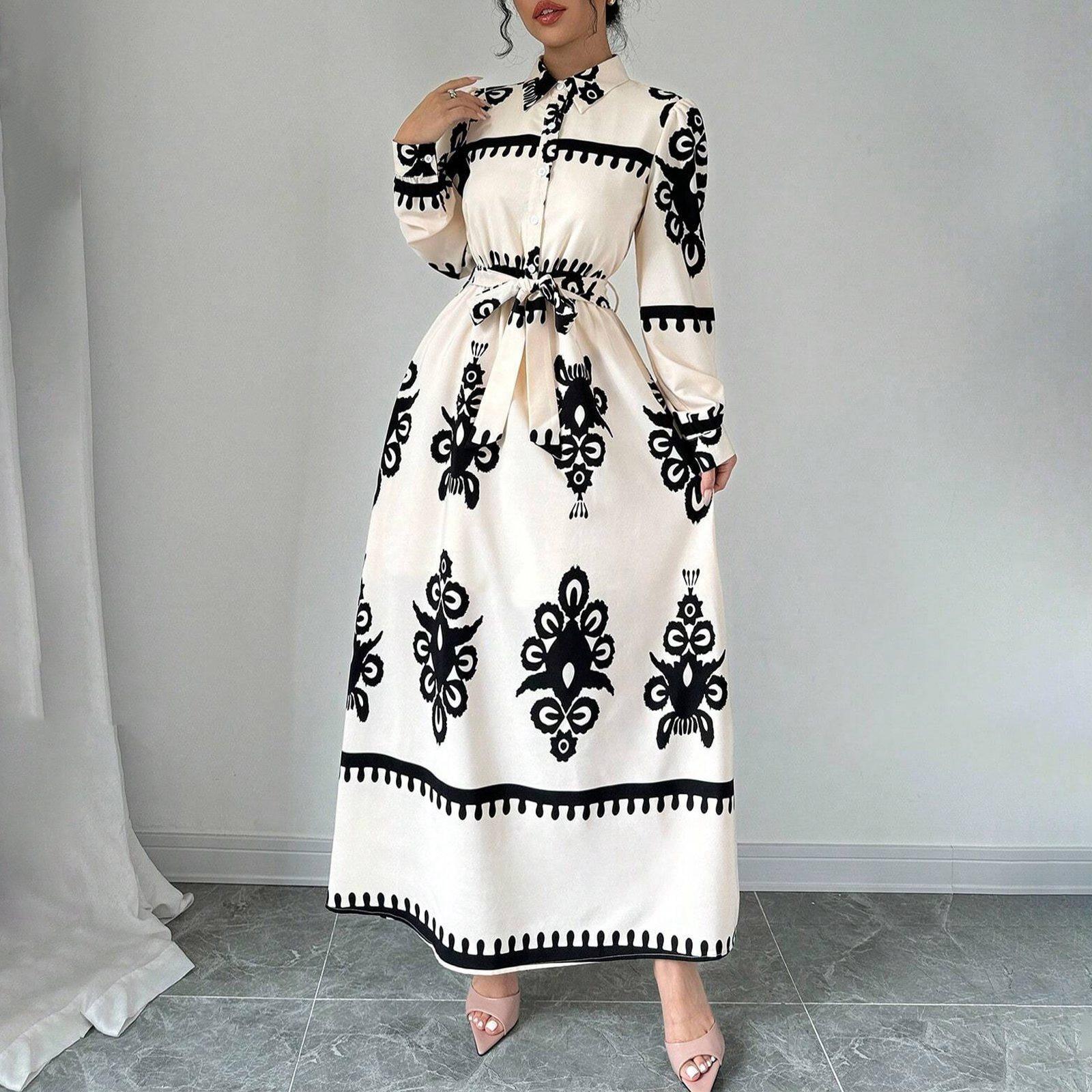 

Women s Long Sleeve Lapel Button Printed Bodycon Sexy Nightclub Party Belted Dress XXL хаки