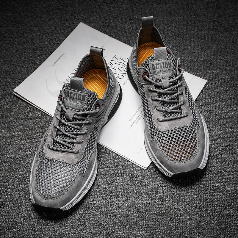 Fashion Men Breathable Mesh Top Layer Pigskin Casual Shoes Fashion Patchwork Men Sneakers Summer Man Comfortable and Soft  Walking Shoes
