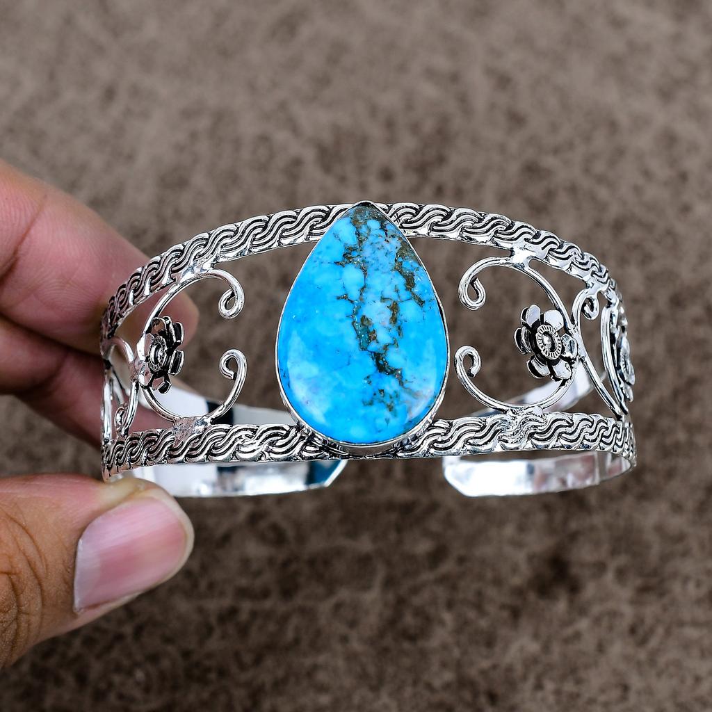 Tibetan Turquoise Gemstone 925 Sterling Silver Cuff Bangle Adjustable KKG-1067