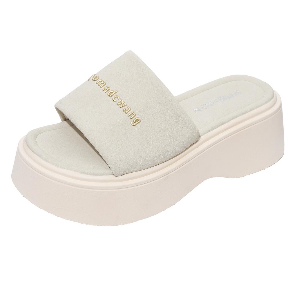 Thick-soled high-heeled cool slippers for women's summer wear 2025 new muffin one-word drag small height-increasing beach sandals