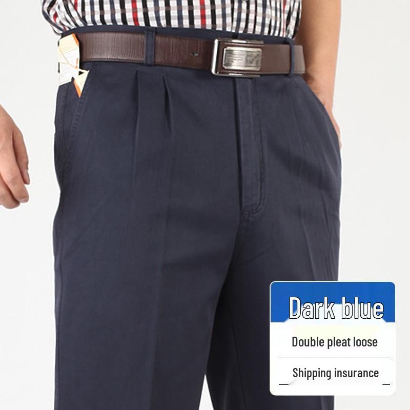 Dad's Pants Men's High Waist Cotton Double Pleated Loose Fit Pants for Spring & Autumn
