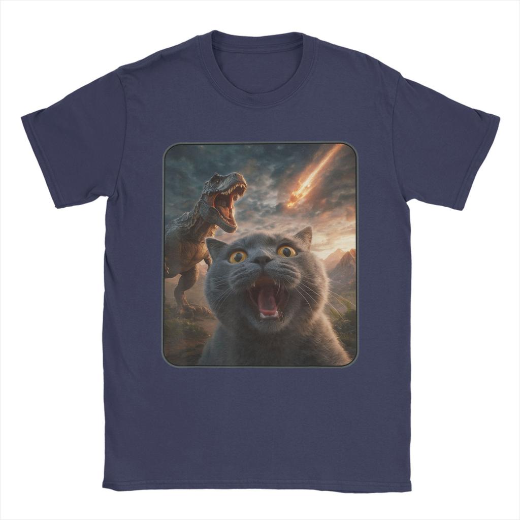 Vintage T-Shirt Cat with T-Rex Dinosaur Funny Cat T Rex Shirt Meme T-Shirts  Novelty Tee Shirt for Summer Short Sleeve Clothing