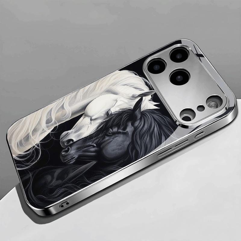 Black White Horse Pattern Tempered Glass Electroplated Phone Case For iPhone 17 16 15 14 13 12 11 Pro Max 16 Plus 17 Air Cover