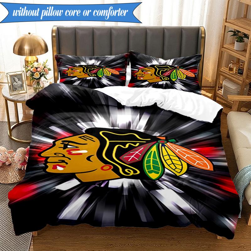 3PCS Chicago-Blackhawks Logo Bedding Set,Including 1pc Duvet Cover And 2pcs Pillowcases Perfect for Bedroom, Dormitory, Fan Christmas Gift