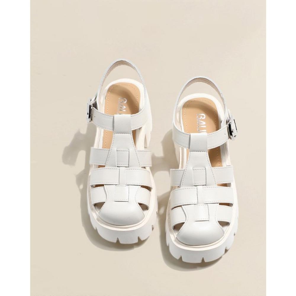 

Жіночі плетені римські босоніжки в стилі ретро, ​​закритий носок, жіноче взуття, літні товсті босоніжки на масивному каблуці 38 білий