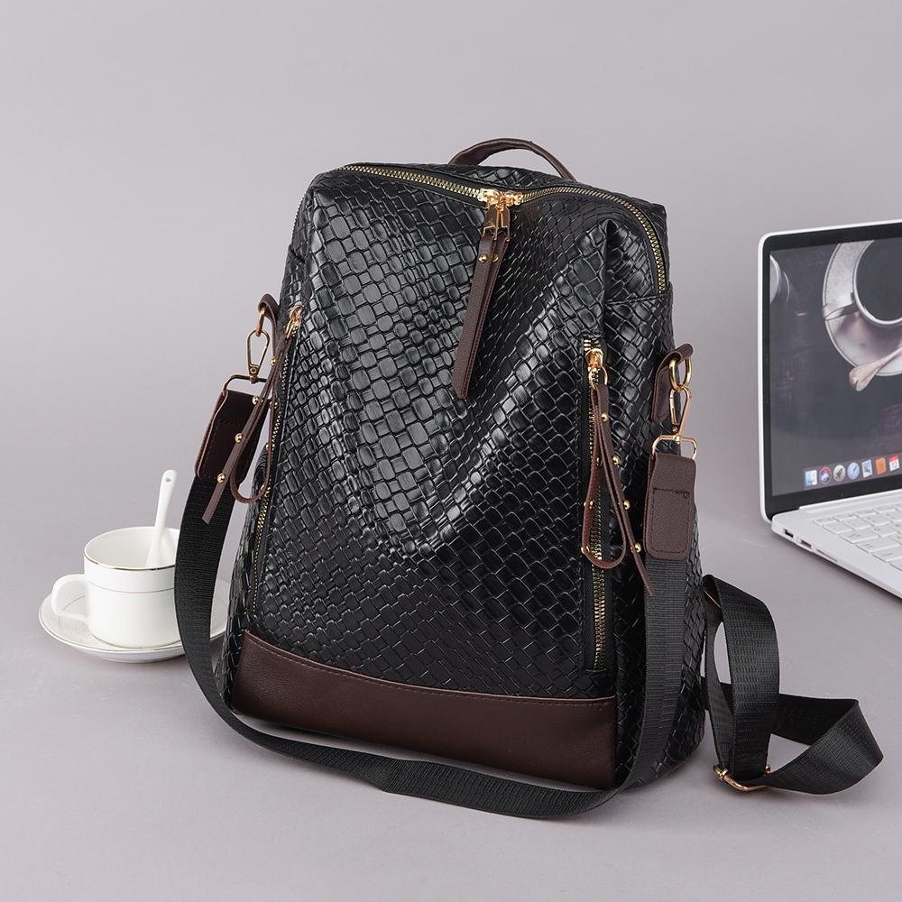 Gewebter Rucksack aus weichem Leder für Damen, großes Fassungsvermögen, Farbkontrast, Mehrzweck-Reiserucksack