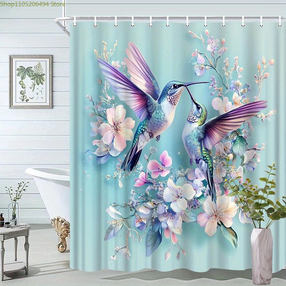 1pc Dancing Hummingbirds Bath Curtain Soft Teal Background with Iridescent Birds Pink White Floral Arrangement Romantic Decor