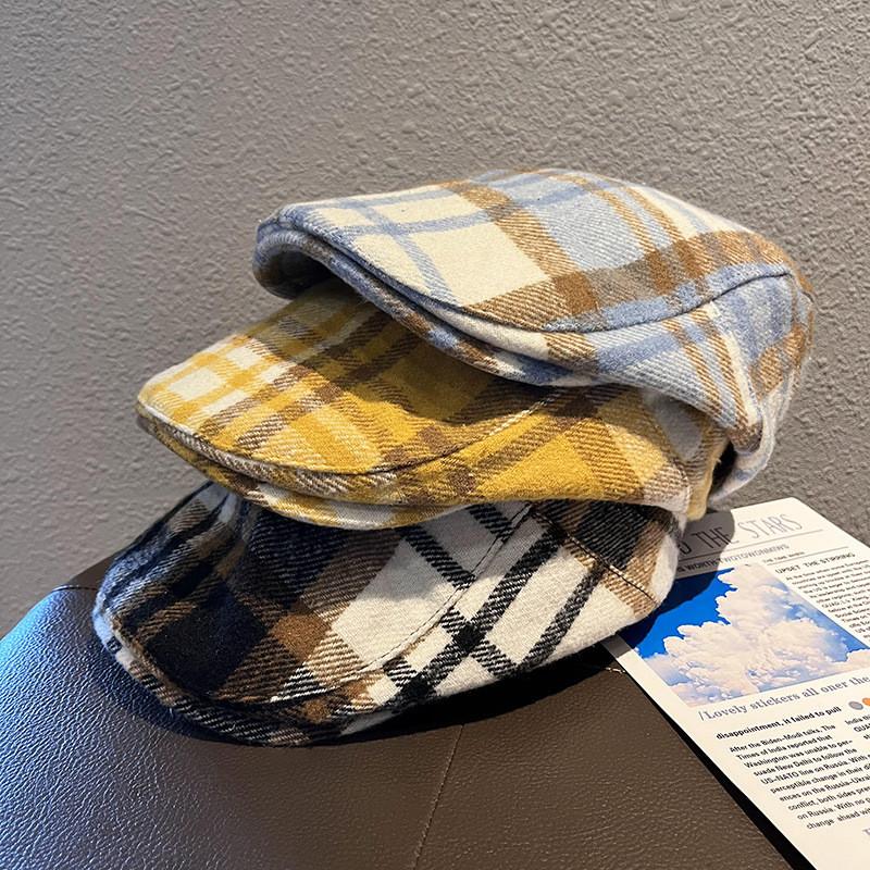Color Clashing Grid Classic Wool Felt Newsboy Hat Color Blocking Fall Use Winter