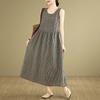 Real shot summer new literary loose cotton and linen plaid sleeveless dress women's vest skirt