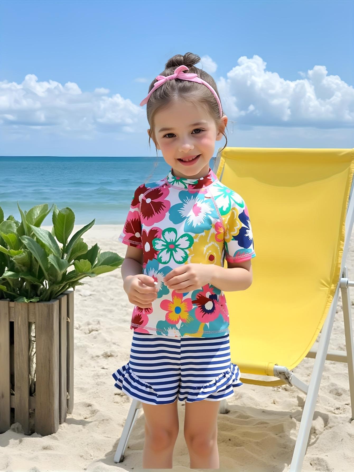 Kids Floral Print Swim Set Raglan Sleeve Top and Striped Lace Shorts 2 Piece Swimsuit 1-2Y