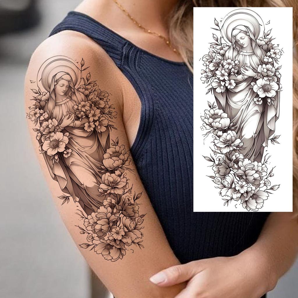 1 Sheet Girls With Flowers Holy Mother Temporary Tattoos For Women Body Art, Long Lasting Waterproof Temp Fake Tattoo Stickers