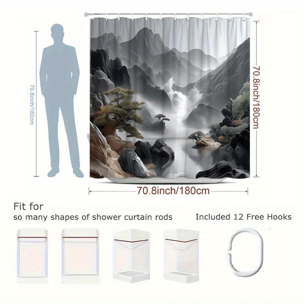 1pc Landscape Shower Curtain with Natural Mountain and Water Painting Elements, Featuring Serene Scenery of Clouds, Mist, and Gu