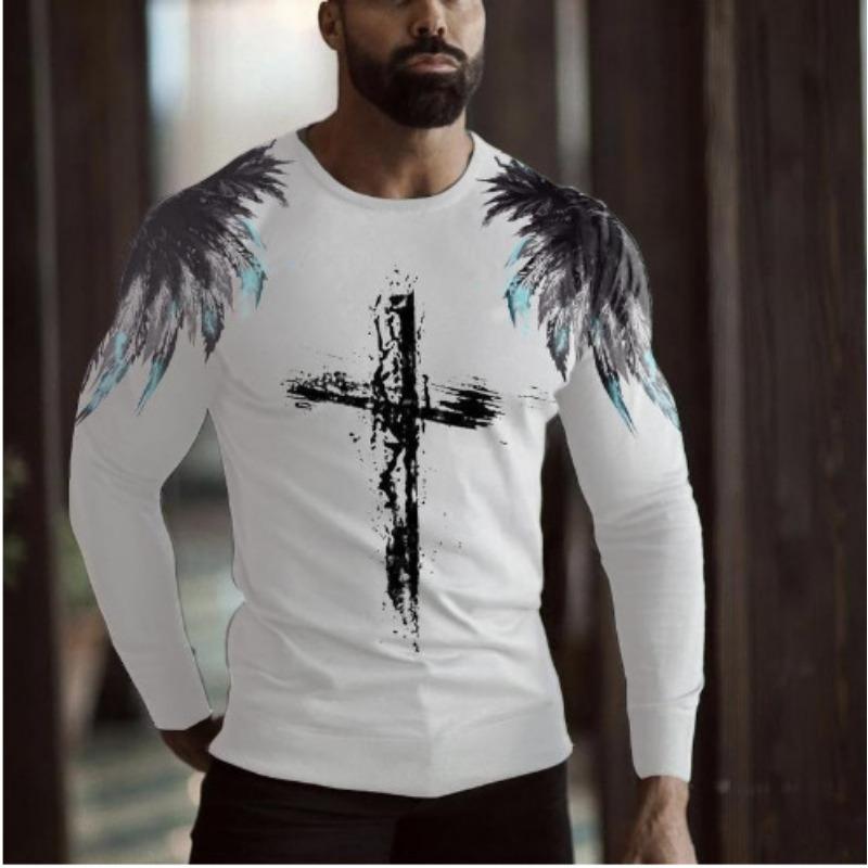 European and American 2024 Spring and Autumn New Men's Large T-shirt 3D Digital Printing Fashion Round Neck Top Long Sleeve T-shirt