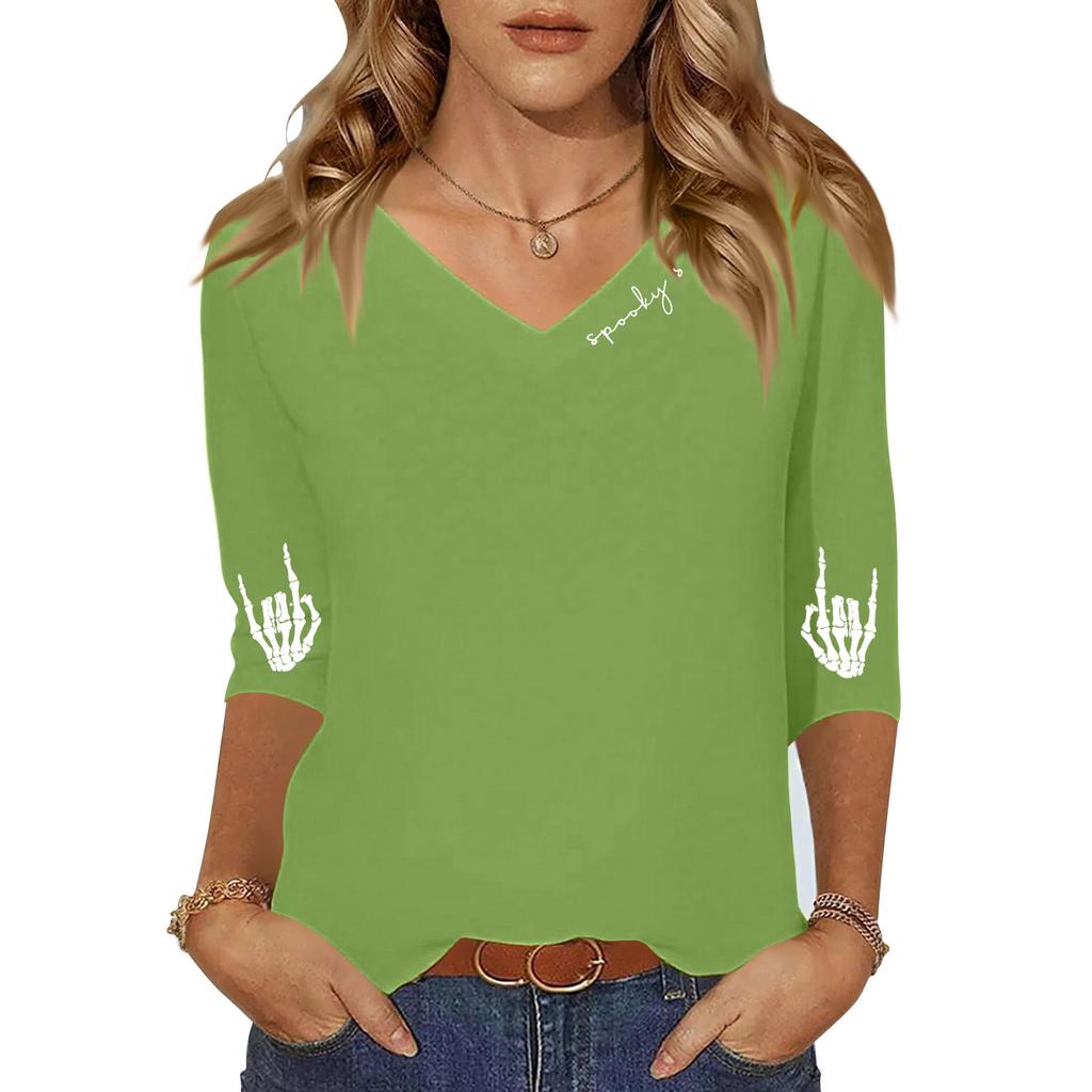Women's Three-quarter Sleeve Shirt V-neck Loose Casual Spooky Scason Halloween Print Top