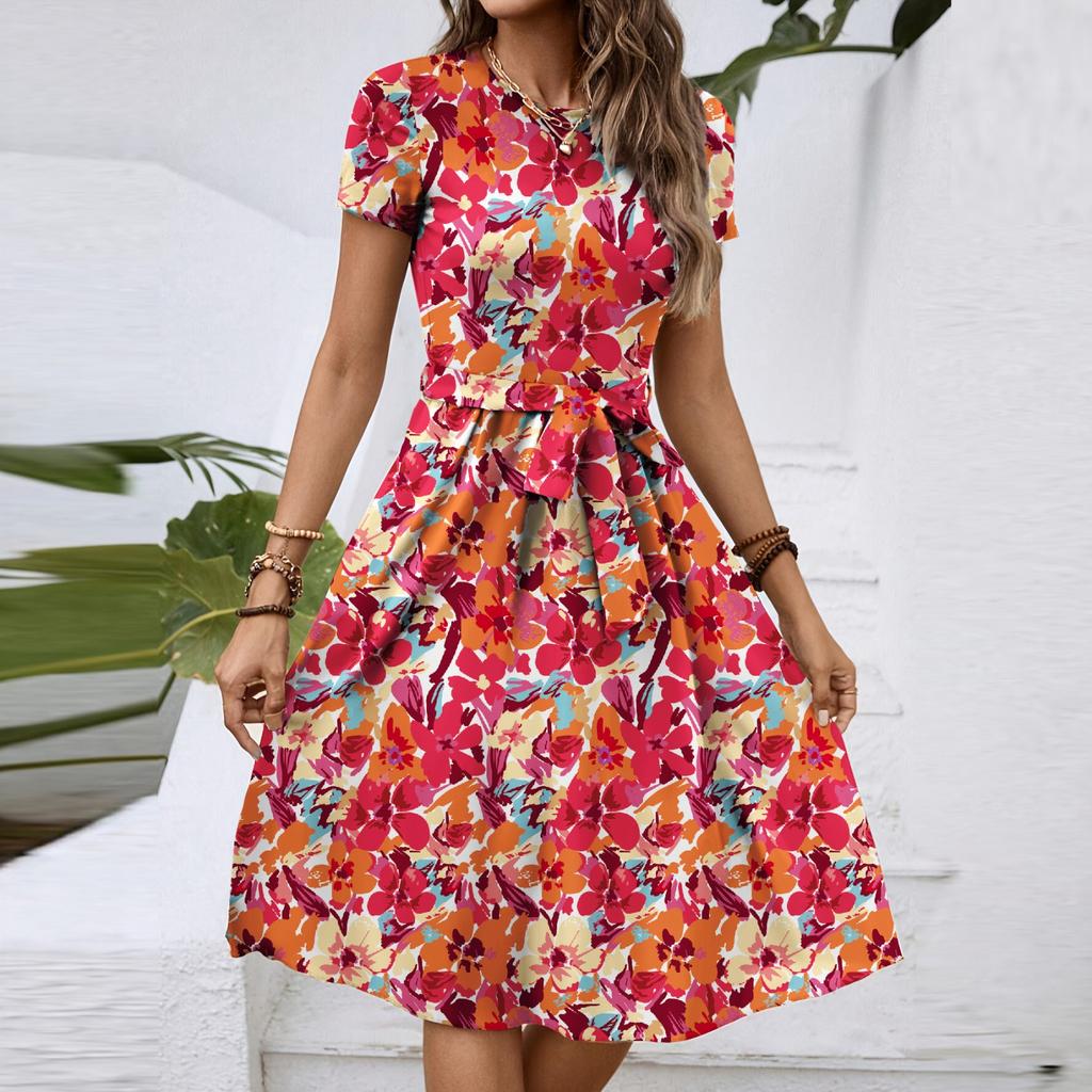 Women's Spring And Summer Casual Round Neck Short Sleeve Waist Floral Print Midi Dress