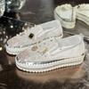 Platform Loafers Women Summer Mesh Breathable Mesh New Rhinestone Pearl Heighten Slip-On Pink Single Shoes