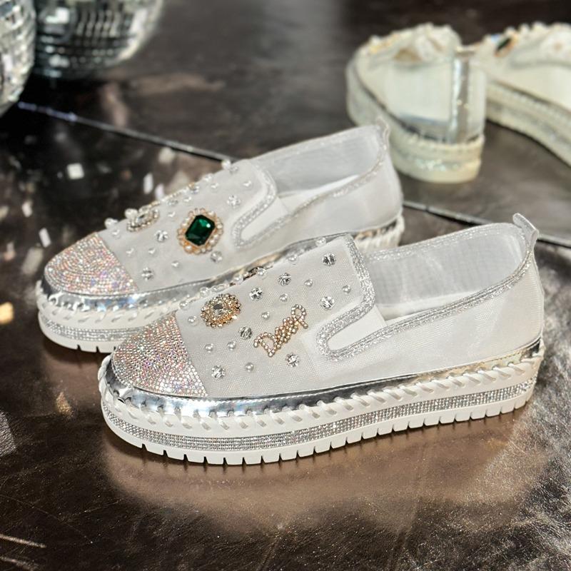 Platform Loafers Women Summer Mesh Breathable Mesh New Rhinestone Pearl Heighten Slip-On Pink Single Shoes