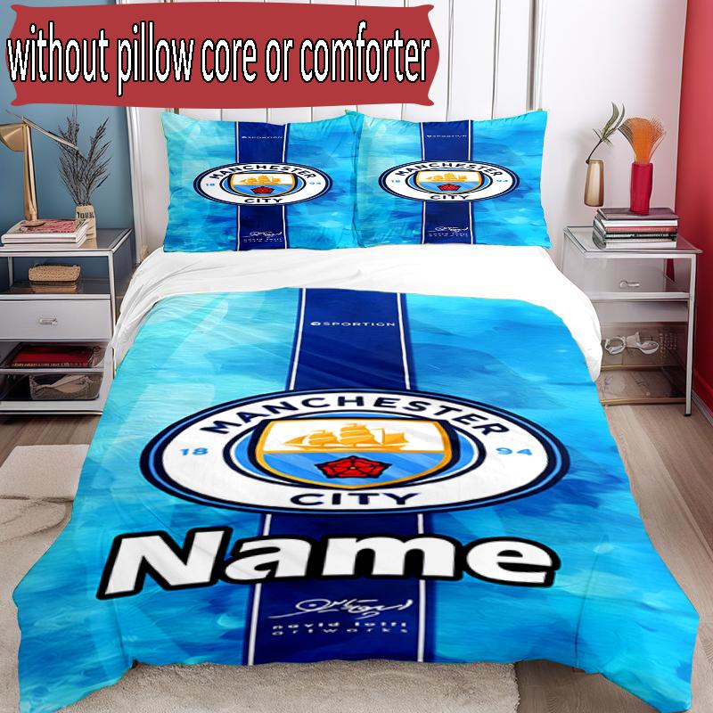 3pcs Duvet Cover Set (1*Duvet Cover + 2*Pillowcase, Without Core), Custom Name Manchester City FC Pattern Bedding Set, Home Bedroom Decor Gift