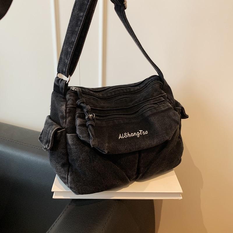 Women Denim Shoulder Bag Vintage Large Capacity Casual Tote Handbag with Multiple Pockets