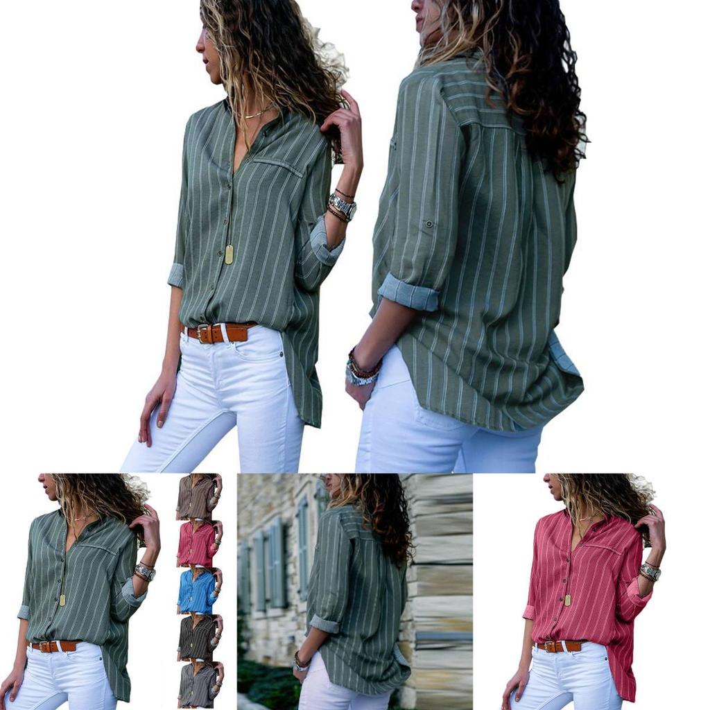 Women Autumn Striped Floral Long Sleeve Button V Neck T Shirt For Casual Chic