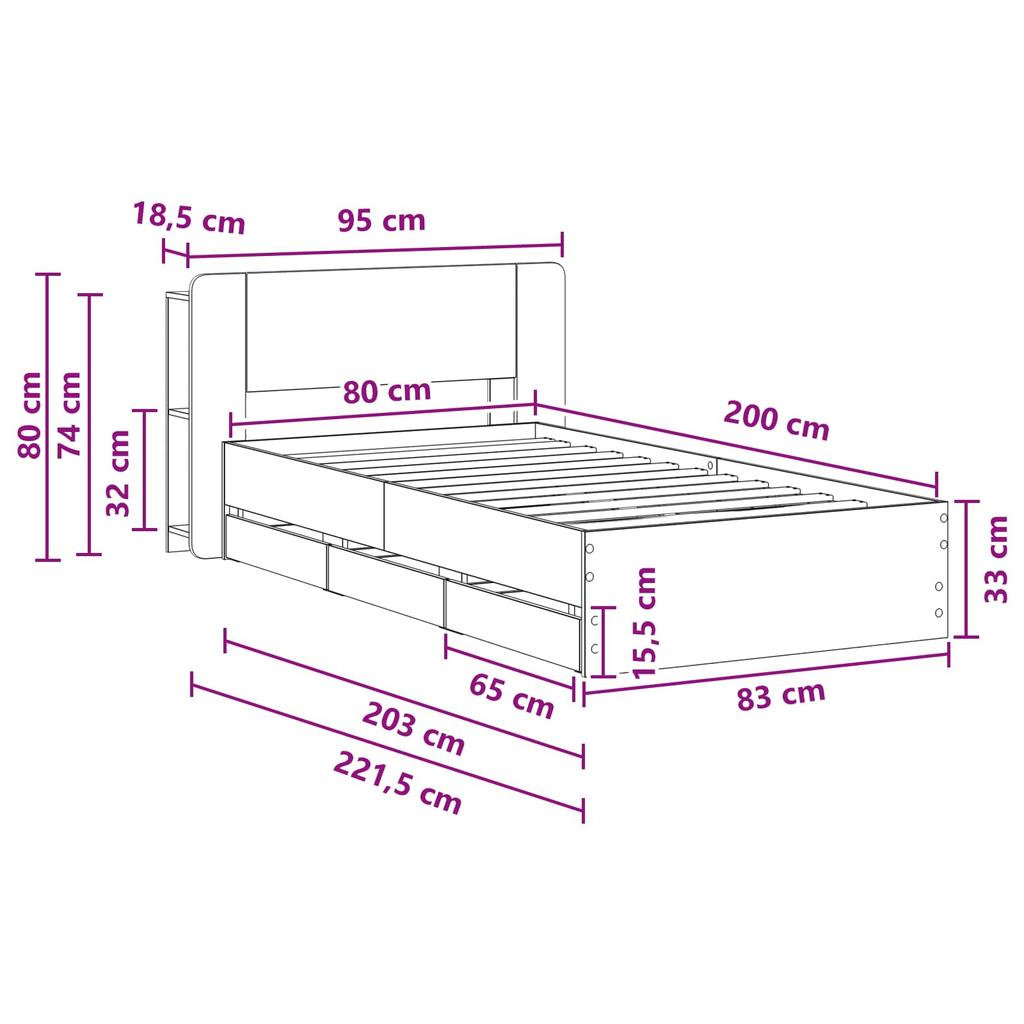 Bed Frame with Storage Space Grey Sonoma 80 x 200 cm Particleboard