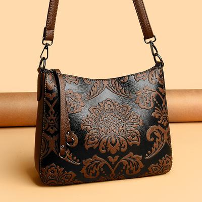 Chinese Style Women's Shoulder Messenger Bag Middle-aged Mother Soft Leather Embossed Hand Bag Retro Women's Pillow Bag