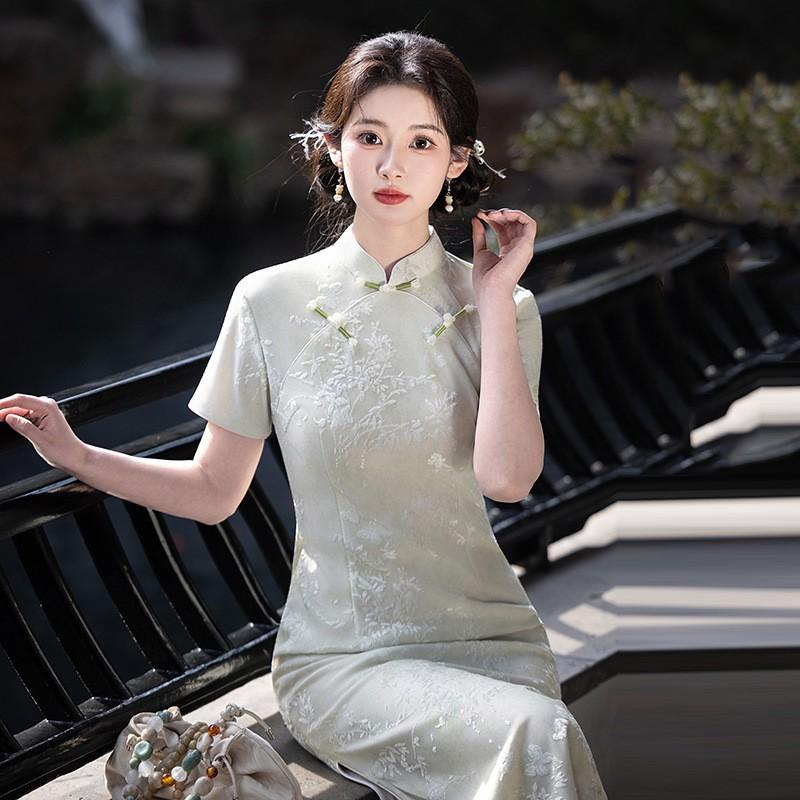 Womens Modern Chinese-Inspired Long Cheongsam Dress With Double Placket Stand Collar Short Sleeve 2026