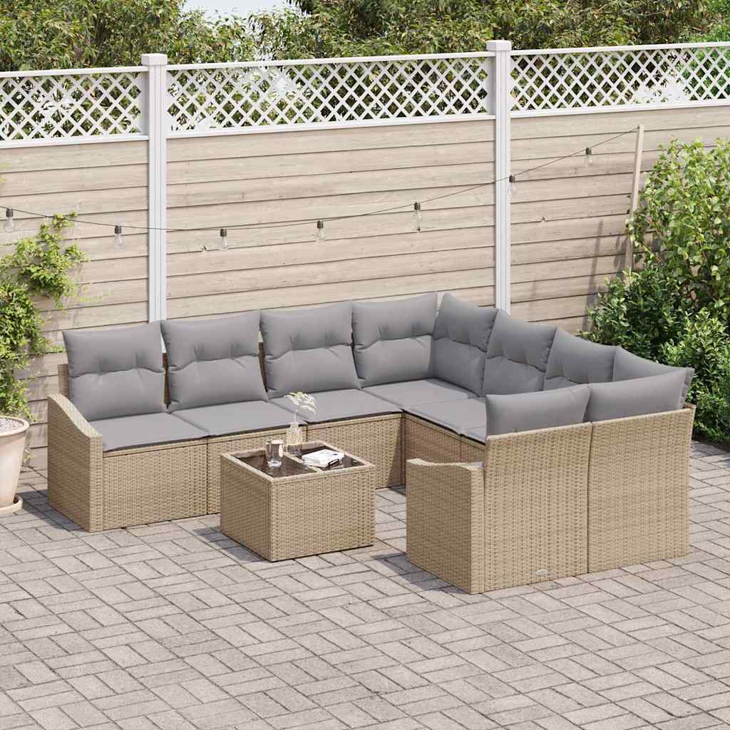 9 Piece Sofa Set with Cushions in Beige and Light Grey Poly Rattan