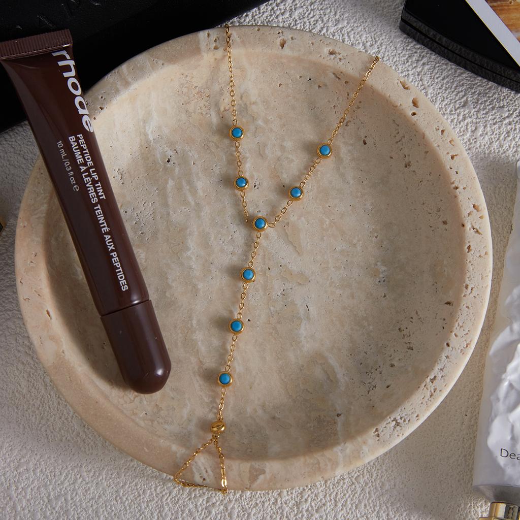 Youthway Retro-Style Round Turquoise Linked Bracelet Stainless Steel with 18K Gold Color Plating Women's Bracelet