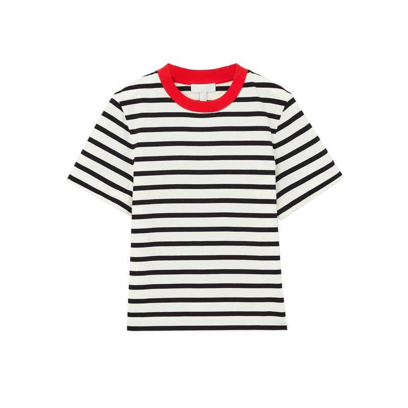 Spring New Women's Clothing European and American All-Matching Minimalist Standard Edition Contrast Color round Neck Short Sleeve T-shirt 9606791