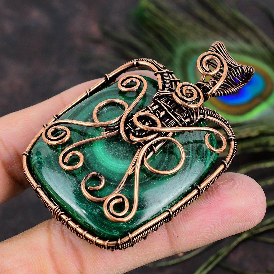 Natural Malachite Gemstone Handmade Copper Wire Wrap Gift Pendant 2.80 y5K16