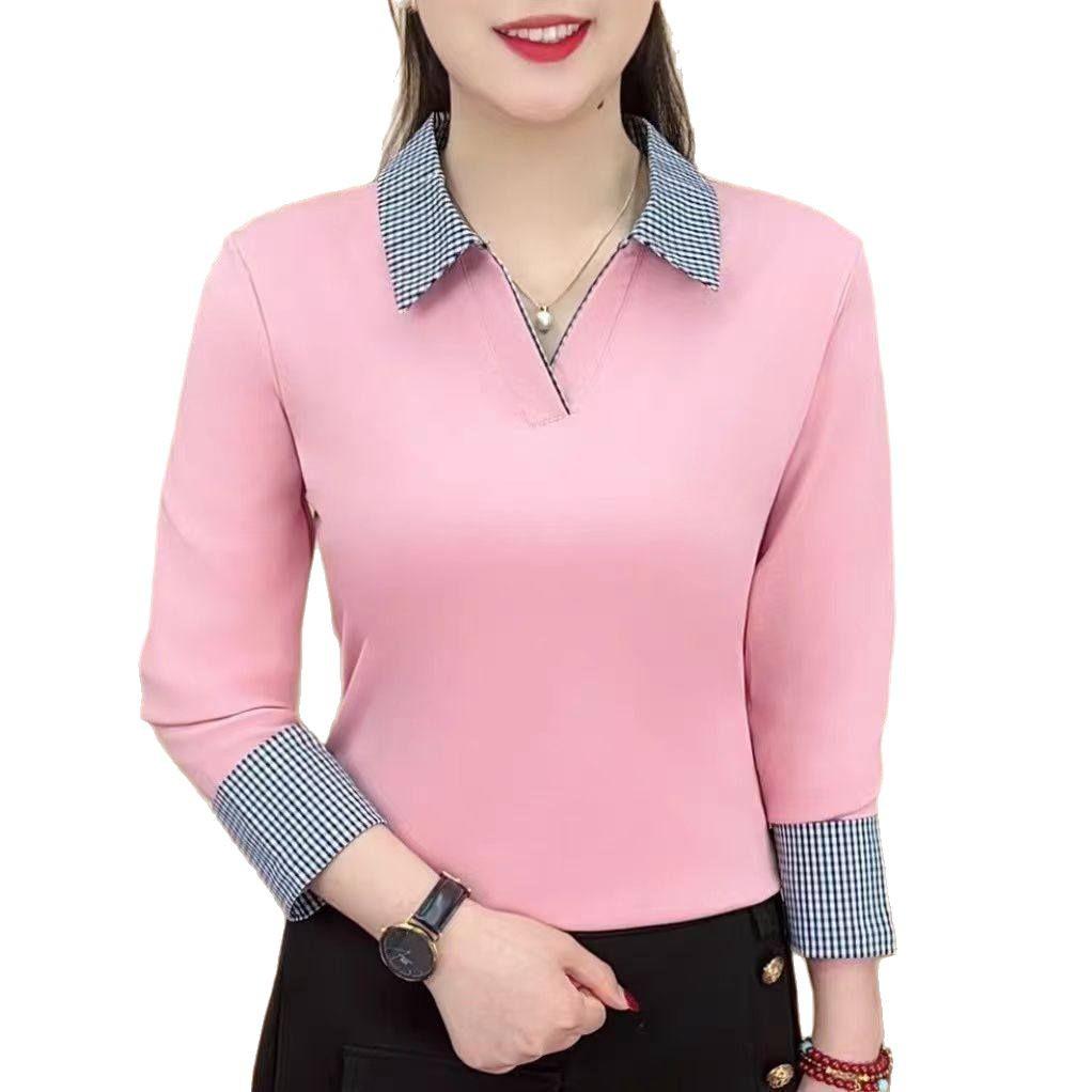 Spring Color Block Slim Fit Long Sleeve Blouse - Versatile, Age-Reducing Fashion.