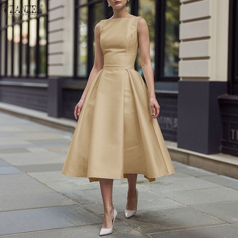 ZANZEA Women Casual Round Neck Solid Color Sleeveless Dress
