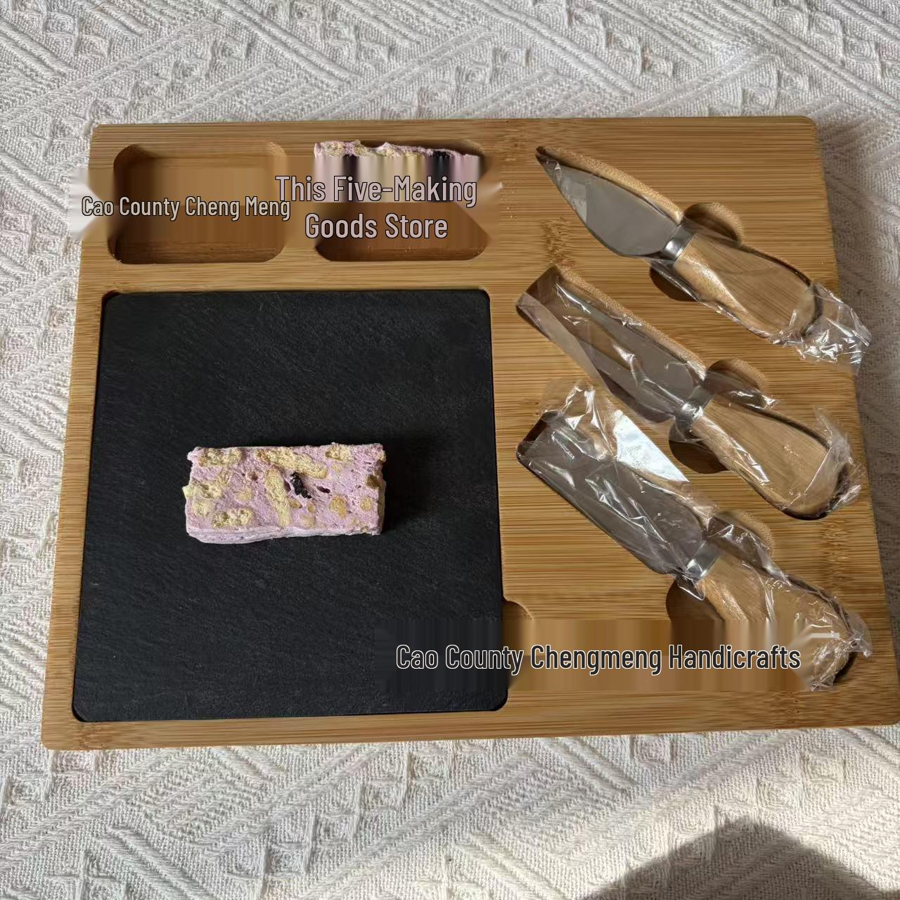 Bamboo Cheese Board Set with Knife, Fork, and Slate Steak Plate Square