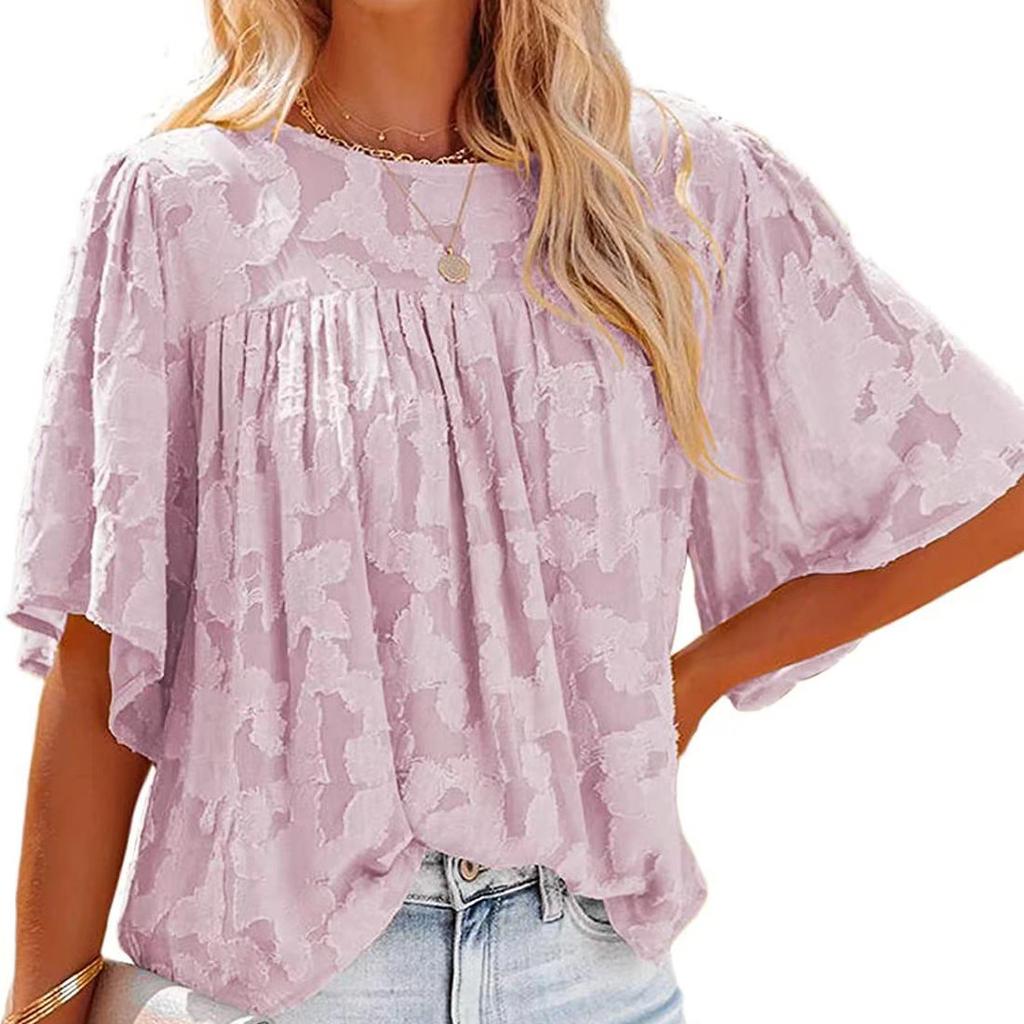 Odzież damska Dekolt w serek Letnia bluzka szyfonowa Jednolita Rękaw trąbkowy Koronkowa wycinanka Top