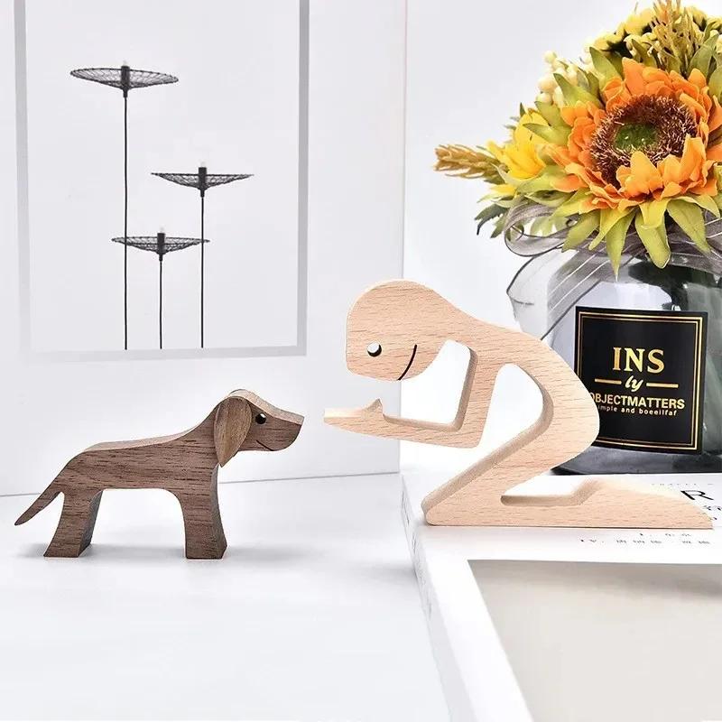 Famiglia Cucciolo Legno Cane Artigianato Figurina Regalo di San Valentino Modello di Intaglio Decorazione per Casa Ufficio Regalo di Natale Decorazione per Coppia