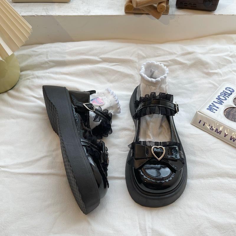 Fashion Mary Jane Small Shoes Spring New Round Head Bow Single Shoes Lace Edge a Line Buckle Women's Shoes