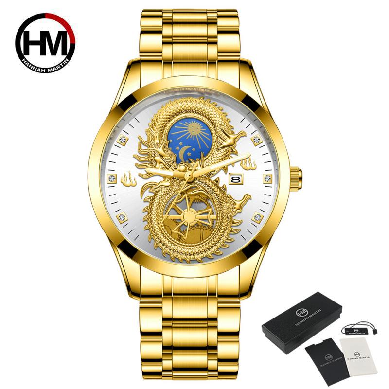 

Мужские кварцевые часы, светящиеся водостойкие часы с луной и звездами, календарем, драконом, роскошные деловые наручные часы