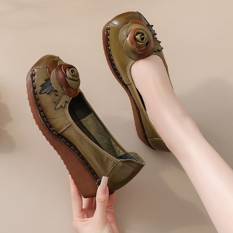 Nuove Scarpe in Vera Pelle di Mucca Donna Autunnali Décolleté con Zeppa Floreale Donna Scarpe Comode Signora Vintage Ballerine Slip-on